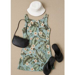 Vintage Hawaiian Print Light Blue Sleeveless Y2K Style Sheath Dress Size Large